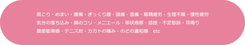 肩こり・めまい・腰痛・ぎっくり腰・頭痛・首痛・眼精疲労・生理不順・慢性疲労・気分の落ち込み・顔のコリ・メニエール・帯状疱疹・捻挫・不定愁訴・耳鳴り・腹部膨満感・テニス肘・カカトの痛み・のどの違和感 etc